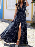 2022 Summer Maxi Dress Women Sexy Split Polka Dot Short Sleeve Long Sundress Celmia Bohemian Belted V-Neck Party Beach
