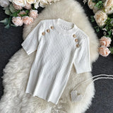 Sleeve O-neck High Quality Sweater Shirts With Decorated Buttons Girls Stretchy Crop Tops Sweaters Pullovers For