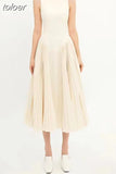 Elegant Pleated Dresses For Women Stand Collar Sleeveless High Waist Tunic Solid Slimming Dress Femlae Summer