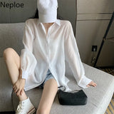 Korean Sunscreen Shirt Women 2023 Summer Clothes Fashion Bandage Blouses Elegant Loose Long Sleeve See Through White