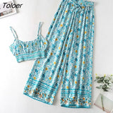 Boho Vintage Pattern Print Women 2 Piece Set Spring 2023 Midriff Baring Wide Leg Pant Retro Chic Beach Vacation Women