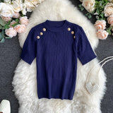 Sleeve O-neck High Quality Sweater Shirts With Decorated Buttons Girls Stretchy Crop Tops Sweaters Pullovers For