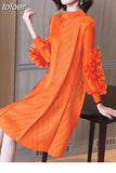Appliques Dress For Female Half High Collar Puff Sleeve Straight Loose Waist Fold Pleated Dresses Women 2023 Spring