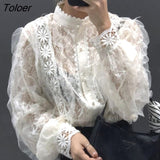 Vintage Crochet Women's Shirts Stand Collar Loose White Blouse See-through Lace Stitching Long Sleeve Shirt Tops
