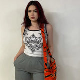 y2k Printed Tank Tops Cute White Knitted Crop Top Women Patched O Neck Sleeveless Basic Harajuku Summer Sweats