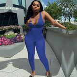 Ribbed Romper Jumpsuit Solid Color Sleeveless Deep U Neck Skinny Slim Tight Elastic Home Gym Casual