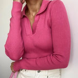 Pink Long Sleeve Turndown Collar Slim Knitted