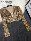 Patch Jacket Women Spring Long Sleeve Gold Silver Shiny Crop Top Dance Party Korean Slim Open Stitch