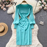 Women Autumn French Knitted Dress O Neck Long Sleeve Sheath Dress Office Lady Fashion Solid Mid Long Sweater