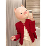 Chinese Style New Year Red Buckle Sweater Coat Women Autumn And Winter Winter High-End Feeling Super Good-Looking Knitted Open