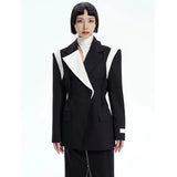 Women Black Color-block Elegant Blazer New Lapel Long Sleeve Loose Fit Jacket Fashion Tide Spring Autumn 2023