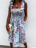 Women Summer Flower Print A-Line Dress with Pockets Shrinkage Designer Sling Square Collar Sleevelss Slim Midi