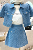 Summer New Street Fashion Women's Suit With Skirt Denim Short Sleeve Top Sweet Girl Female Blue Plaid Skirt 2 Piece