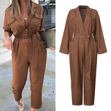 Fashion Jumpsuits Women Elegant Suit Collar Long Sleeve Rompers Casual Solid Cargo Pants Pockets Work