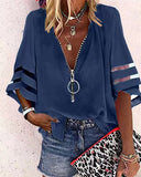 Zipper Half Bell Sleeve Mesh Solid Color Stitching Loose Casual Women's