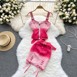 Denim Sexy Drawstring Women Sets Summer 2022 Zipper Tops+ Sashes Zipper Skirt Ladies Fashion High Street Two Piece