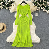 Slebock Crochet Dress Women's Waist Show Thin Sleeve Skirt Inside The Bottom Sling Skirt Two