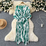 High-End Dress Women Design Feel Strapped Waist Bat Sleeve Pressure Fold Printing Irregular Dress