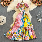 Bohemian Tie Dye Beach Long Dress Women Sexy Short Sleeve High Waist A-Line Big Swing Party Maxi Vestidos Female 2022 Summer