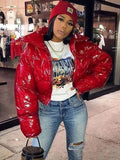 Sisterlinda Faux PU Leather Y2K Bubble Puffer Winter Warm Jacket Women Coats Long Sleeve Outerwear Zipper Casual Slim