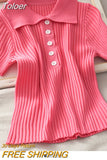 New Women Ribbed Button Up Polo Shirt Female Plain Short Sleeve Candy Colors Top Stretchy Slim Tee Shirts 2023