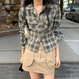 Korean Fashion Shirts Vintage Gradient Plaid Shirt Long Sleeve Lapel Blouse Grunge Kpop Streetwear Chic Designer