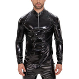 Toloer Men's PU Mirror Bright Leather Long Sleeve Casual Leather Jacket Slim Zipper Standing Collar T-Shirt Smell Free-Outfit
