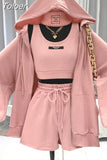 Shorts Three 3 Piece Sets Women Vest Drawstring Shorts Hooded Zipper Jacket Sportswear Suits Female Solid Sports