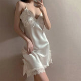 Sexy Lace short Pajama Dress women Satin short dress ladies V neck dress White mini dress Summer vestidos dress