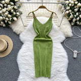 Backless Sleeveless Women Knitted Dress Slim Solid Gentle Fashion 2022 Summer V Neck Ladies A Line Midi