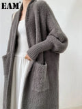 Gray Big Size Long Knitting Cardigan Sweater Loose V-Neck Long Sleeve Women New Fashion Tide Autumn Winter 2022