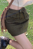 Vintage Y2k Green Cargo Skirt Women Retro Streetwear 90s Pocket Patchwork High Waist A-line Denim Mini Skirt