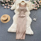 Knit Sexy Strap Dress Women Tank Elatic Waist Bodycon Sundress Female Beach Split Backless Long