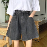 Women Summer Denim Wide-leg Buttons Vintage Washed High-waist Solid A-line Loose All-match Womens BF Ulzzang Slim