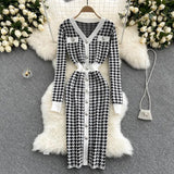 Women Elastic Knitted Dress Long Sleeve O Neck Button Belt Slim Sheath Dresses Autumn Sexy Bodycon Split Short
