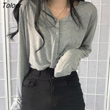 Sleeve T-shirts Women Solid Buttons Loose Spring Simple Tops Korean-style Chic Female Autumn Ulzzang All-match Outwear