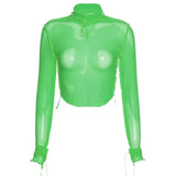 Spring Turtleneck T-Shirts Ruffles Crop Tops Solid Ruched Mesh Women Elastic Slim Long Sleeve Tees Female Outfits
