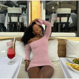 Pink Bodycon Knitted Off Shoulder Mini Dress-Outfit