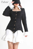Slim Two Piece Sets Female Square Collar Long Sleeve Coats High Waist Patchwork Ruffles Mini Skirt Sexy Set For Women