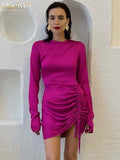 Autumn Pink Satin Bodycon Dress Fashion Chic O-Neck Long Sleeve Mini Dress Elegant Slim Drawstring Dresses For