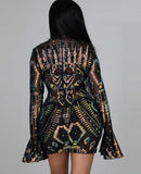 Black Sequins V-neck See Through Mesh Long Sleeve Club