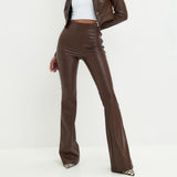 Toloer Women's Winter 2024 New High Waist Light Sense PU Leather Pants Trousers Black Bright Face Horn Trousers Women's Pants-Outfit