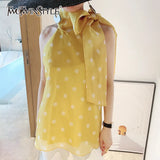 Polka Dot Casual Shirt For Women Bowknot Collar Sleeveless Loose Vintage Blouse Female Fashion New Clothing