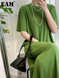 Women Green Pleated Long Big Size Dress New Round Neck Short Sleeve Loose Fit Fashion Tide Spring Summer 2023