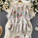Flower Embroidery Lace Suit Set Women Batwing Sleeve Hollow Out Shirt Top+Wide Leg Shorts Runway Summer 2 Piece