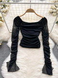 Sexy Mesh Short Blouse Women Brown/White/Blue Square Collar Long Sleeve Draped Slim Shirt Female Party Tops New Fashion