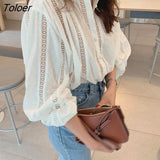 Hollow Hook Flower Women's Blouse Elegant Lace White Woman Shirt Casual Long Sleeve Loose Stand Collar Shirts Tops