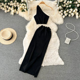Pink Summer Women Solid 2 Piece One Shoulder Crop Top Tanks Slit Midi Skirt Set Bodycon Sexy Party Elegant