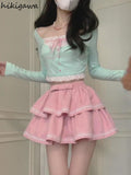 Skirt Outfits Summer Fashion 2 Piece Set Women Clothing Patchwork Crop Tops Lace Ruffles Mini Skirts Suit Korean Cute