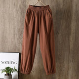 Spring Summer New Casual Style Cotton Linen Pants Women Elastic Waist Solid Basic Retro Loose Women's Harem Pants